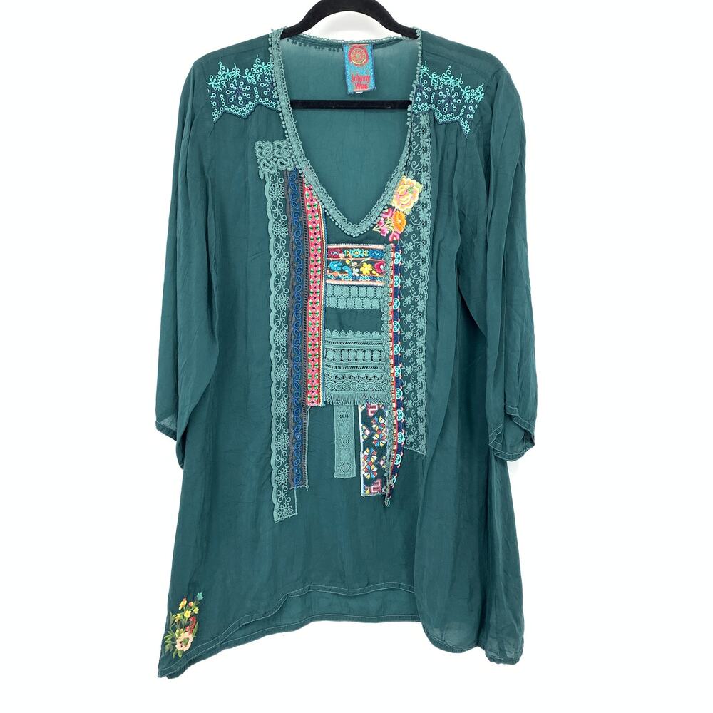 Johnny Was Womens XL Teal Tunic Mixed Lace Embroidered Applique Artsy Boho